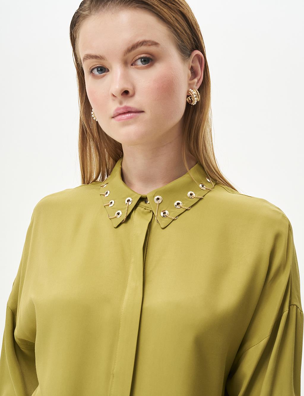 Shirt Collar Tunic with Bird Eye Detail on the Collar Khaki