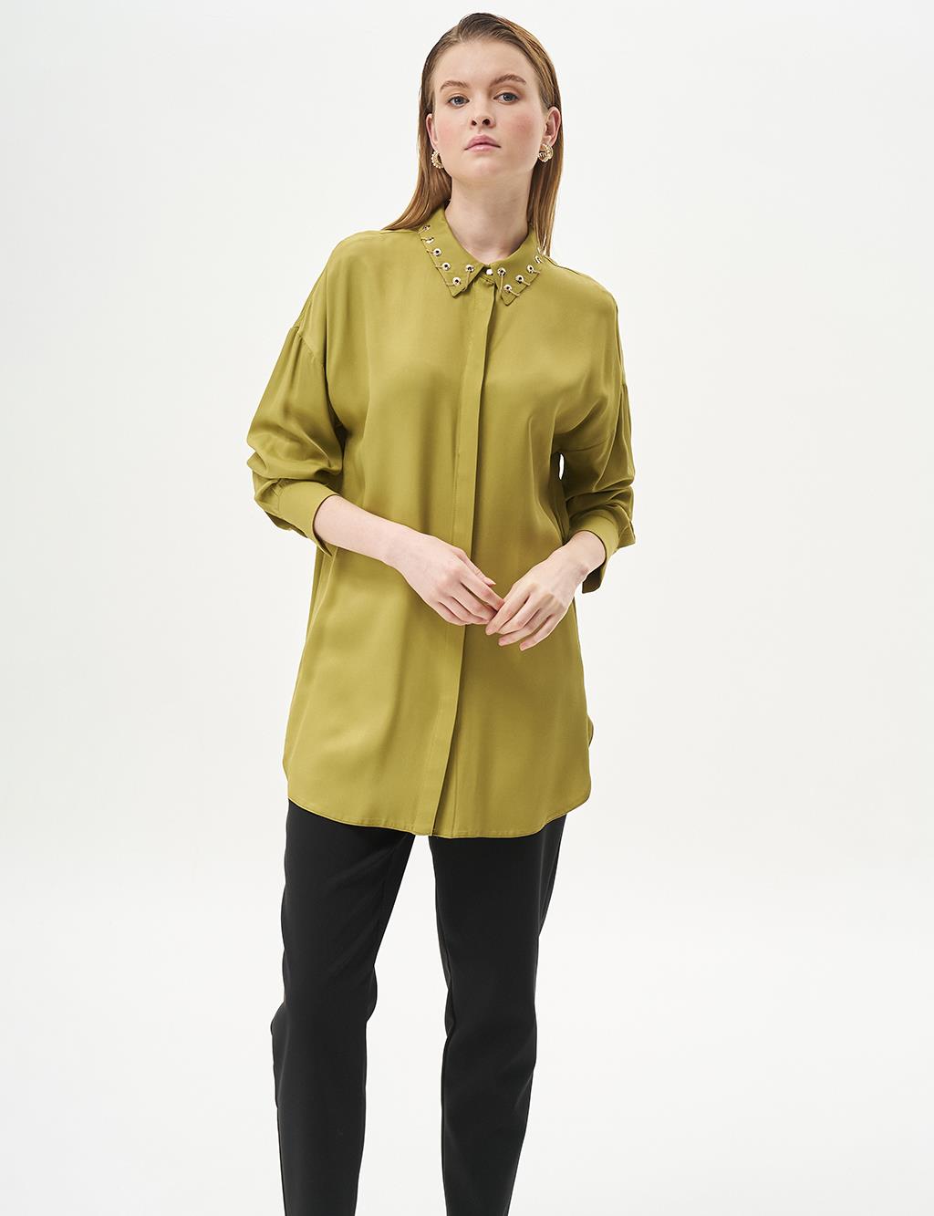 Shirt Collar Tunic with Bird Eye Detail on the Collar Khaki