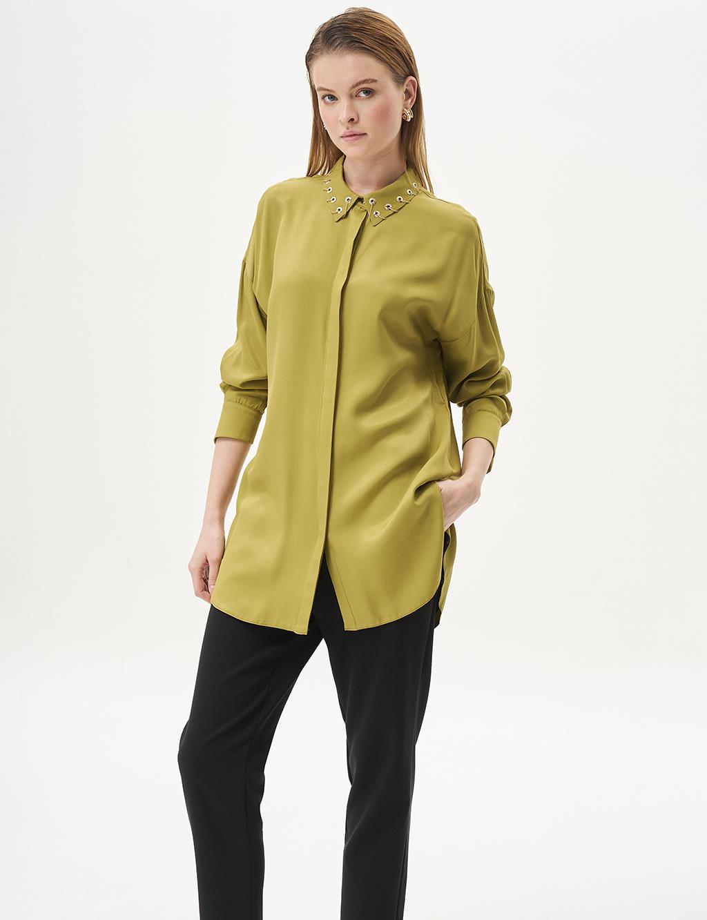 Shirt Collar Tunic with Bird Eye Detail on the Collar Khaki