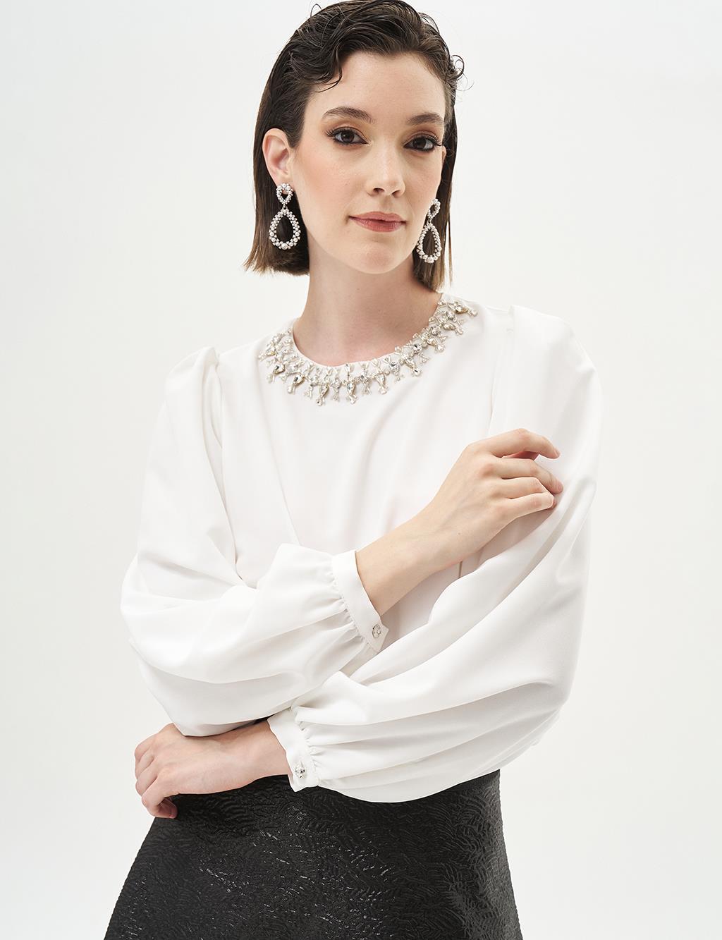 Embellished Collar Stylish Blouse in Ecru