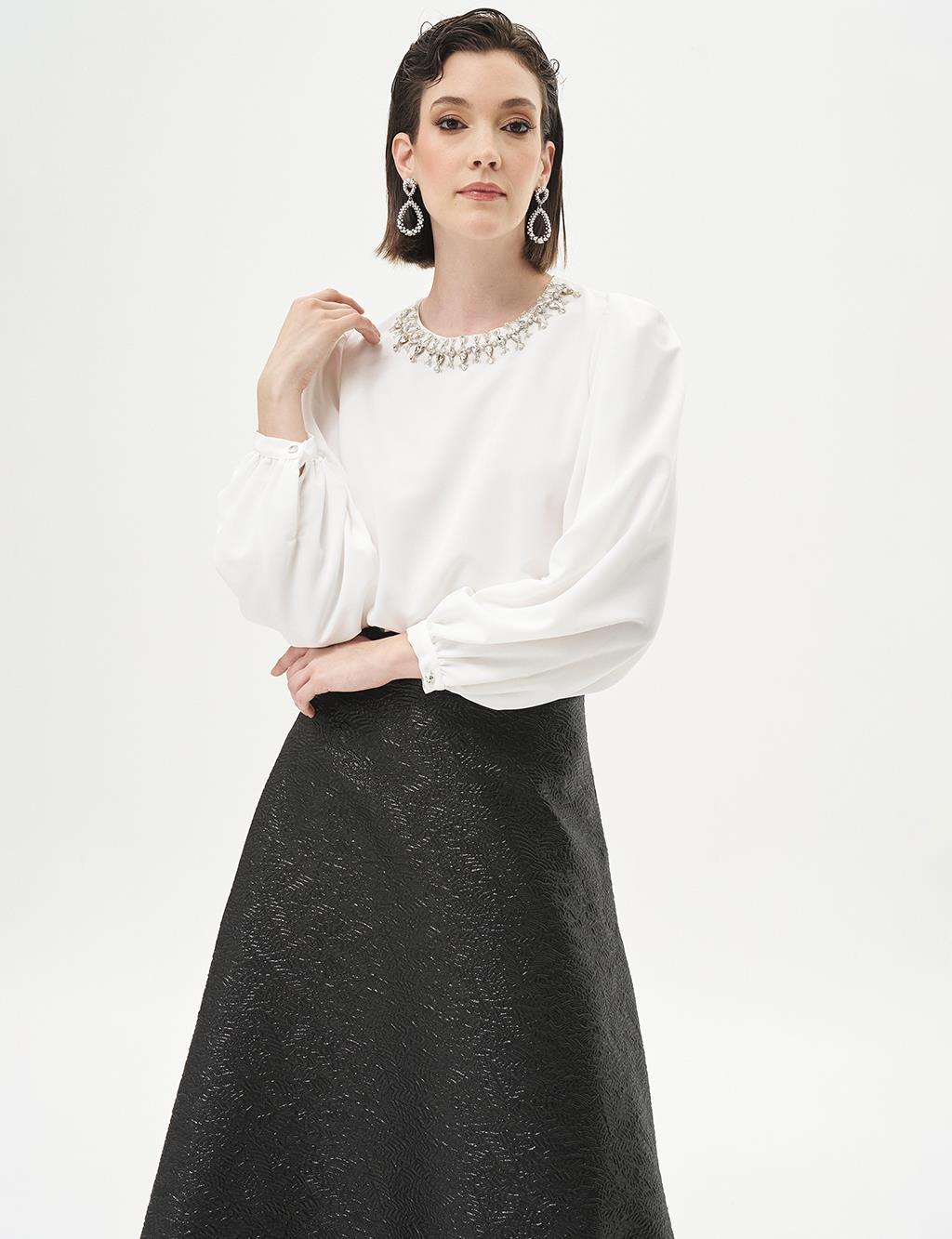 Embellished Collar Stylish Blouse in Ecru