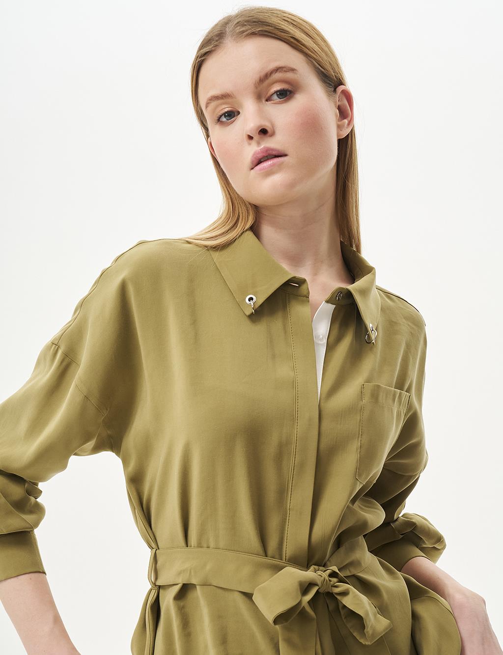 Bird's Eye Detail Rayon Tunic Khaki