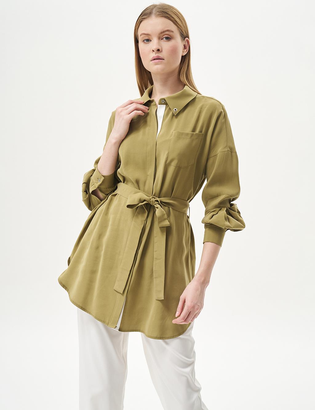 Bird's Eye Detail Rayon Tunic Khaki