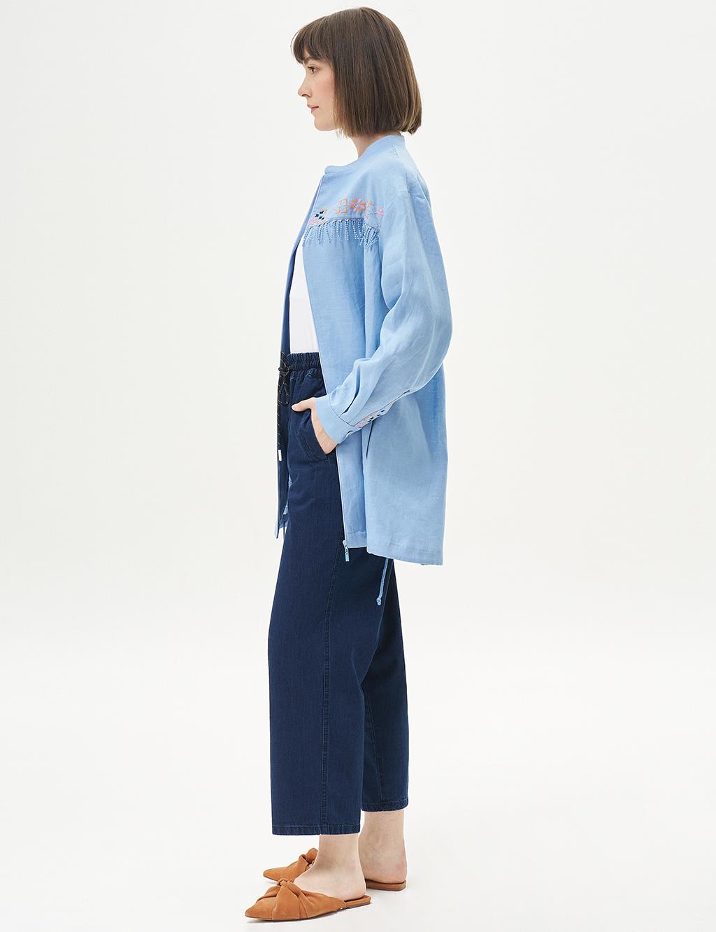 Tassel and Embroidery Detailed Linen Jacket Aviator Blue