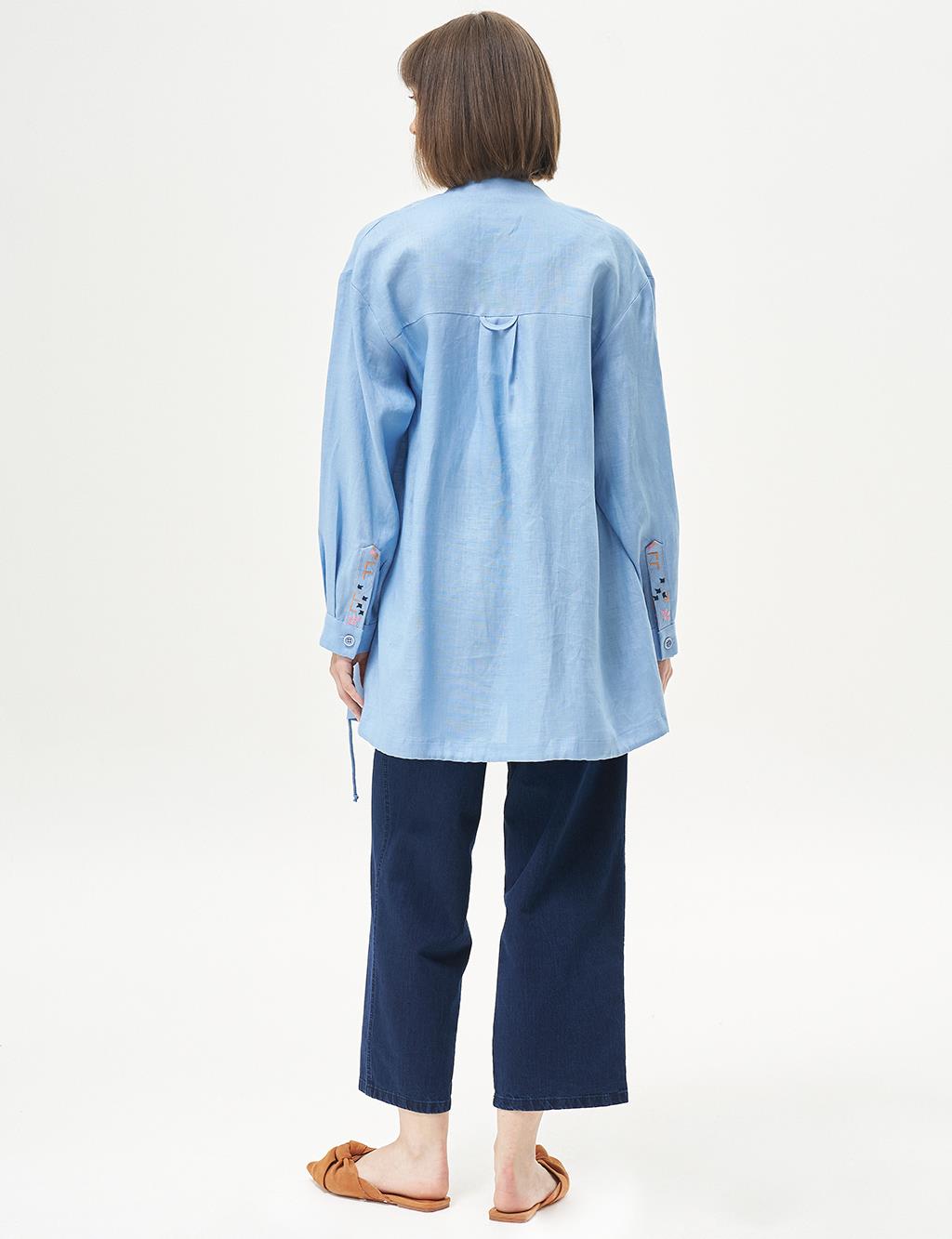 Tassel and Embroidery Detailed Linen Jacket Aviator Blue