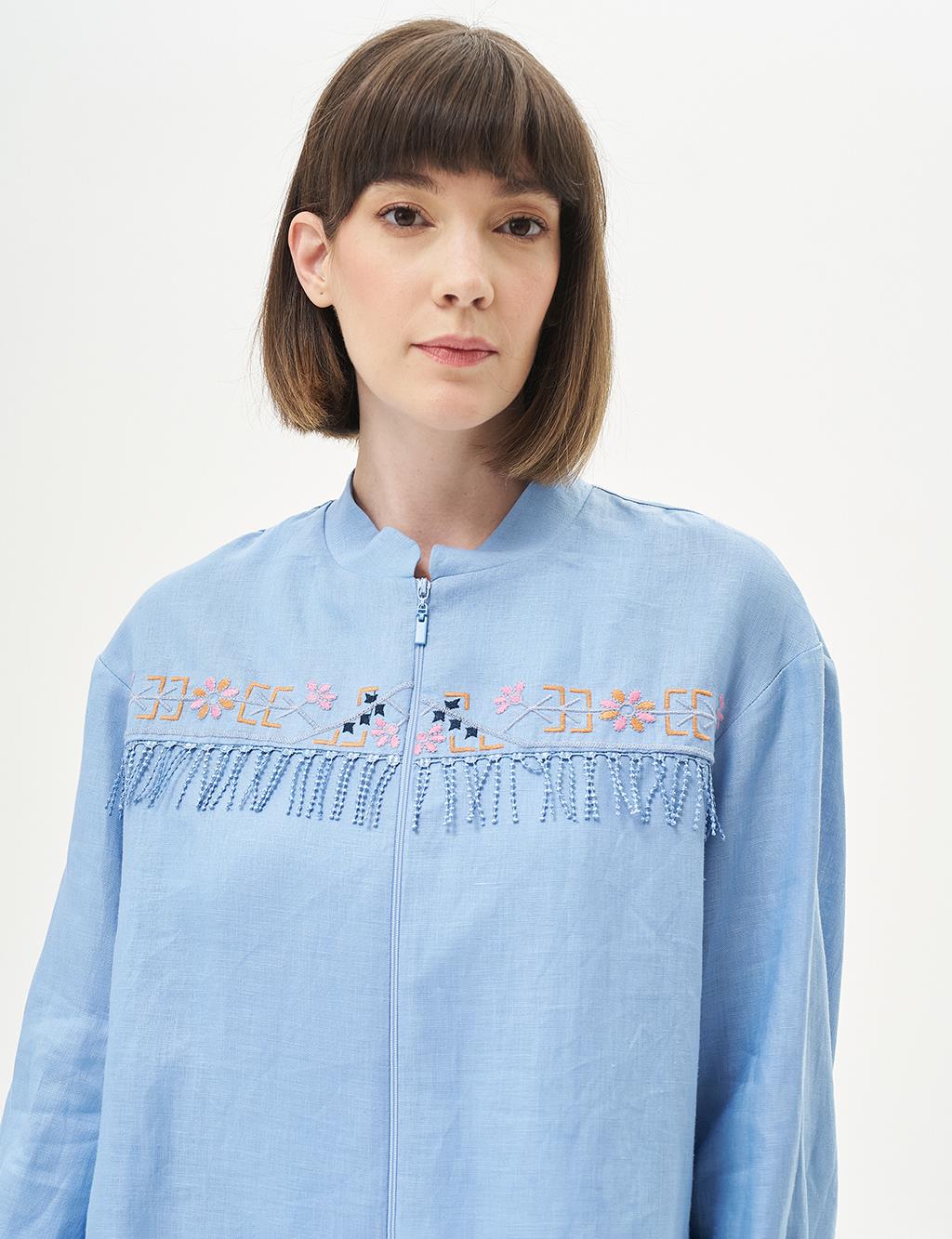 Tassel and Embroidery Detailed Linen Jacket Aviator Blue