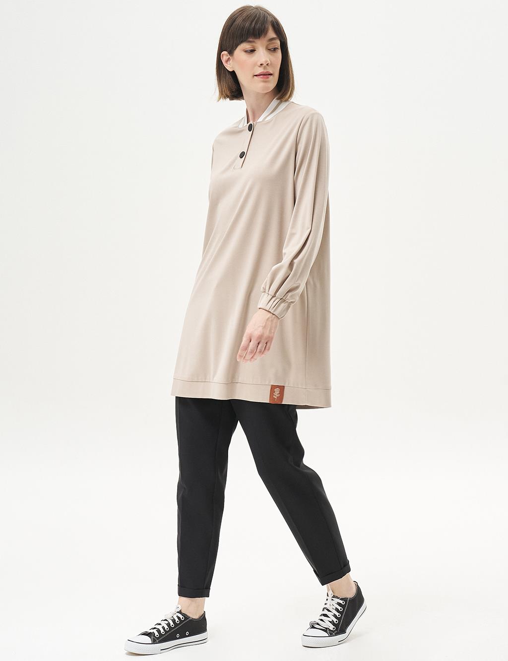 Ribbed Half Snap Rayon Tunic Stone