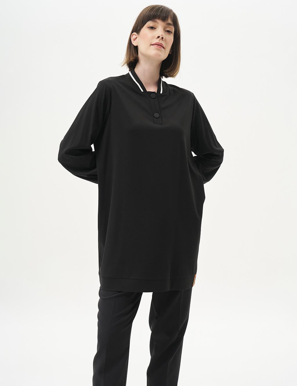 Ribbed Half Snap Rayon Tunic Black