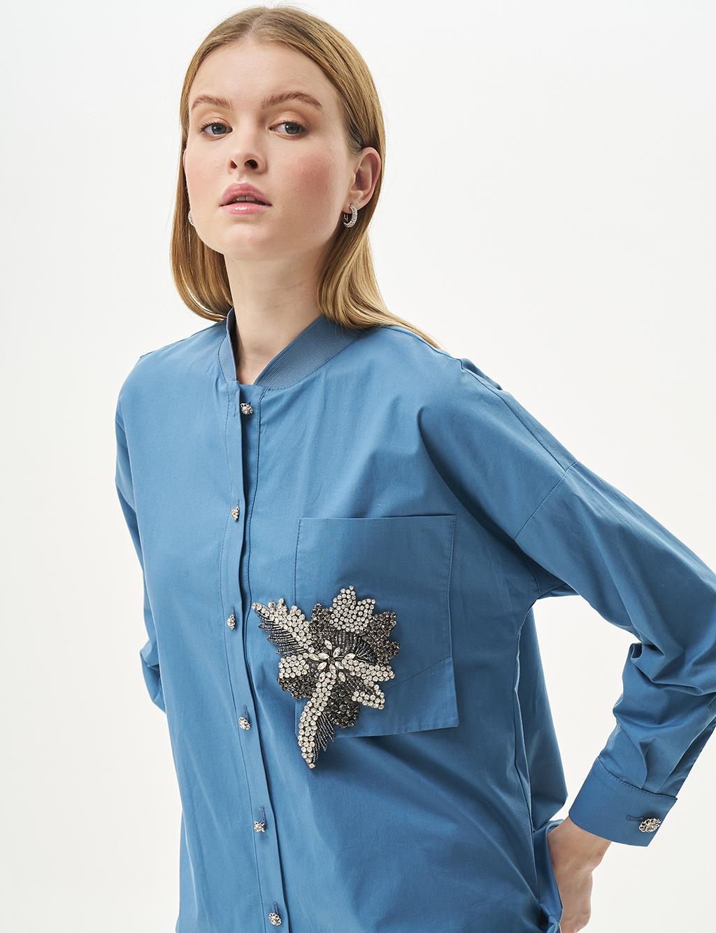 Stone-Embellished Poplin Tunic Crown Blue