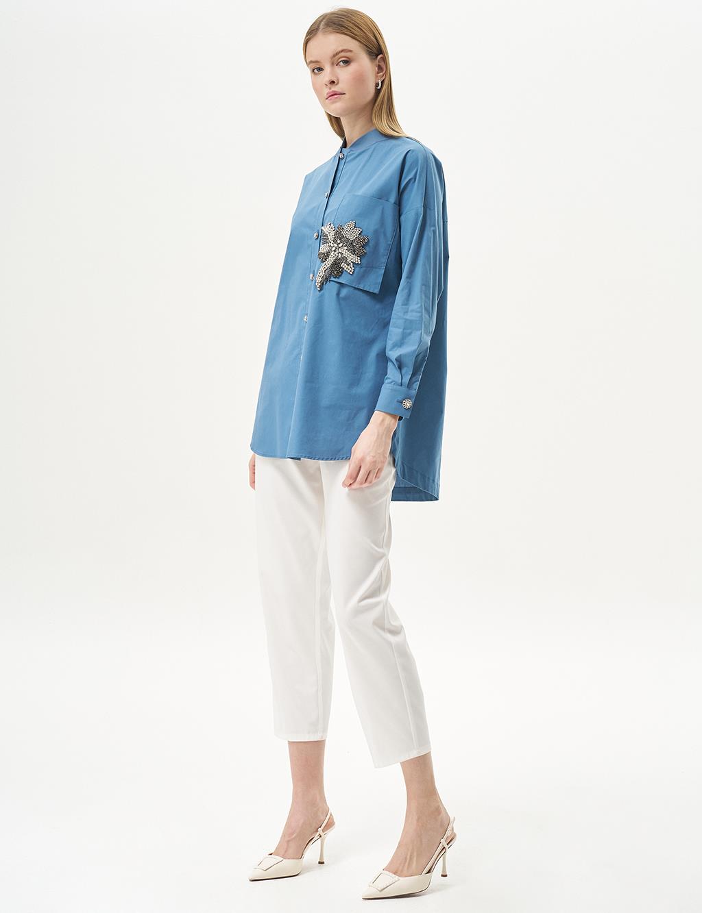 Stone-Embellished Poplin Tunic Crown Blue