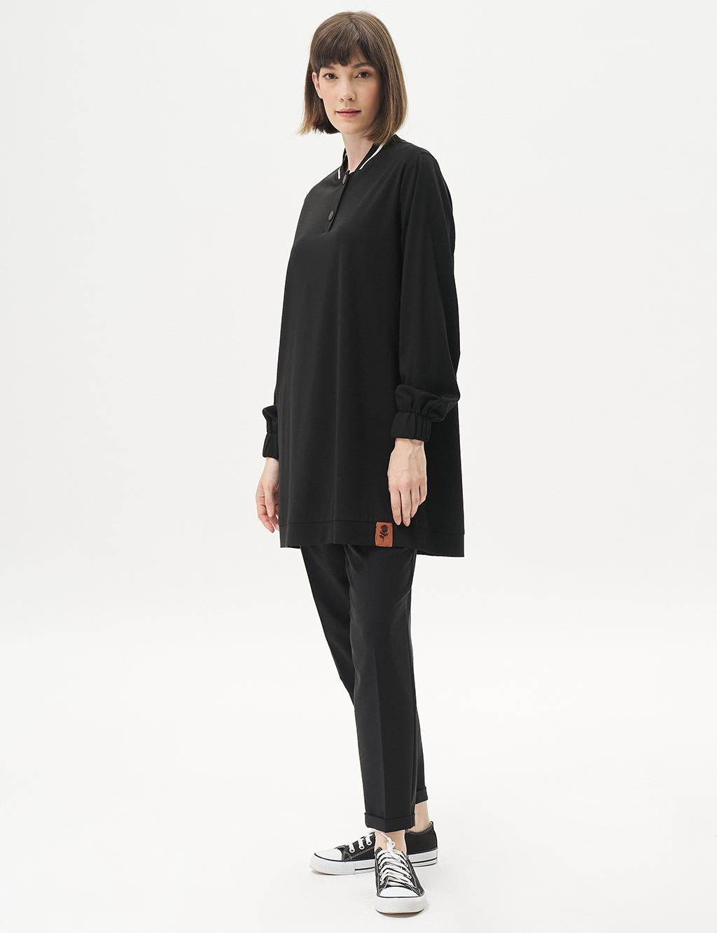 Ribbed Half Snap Rayon Tunic Black