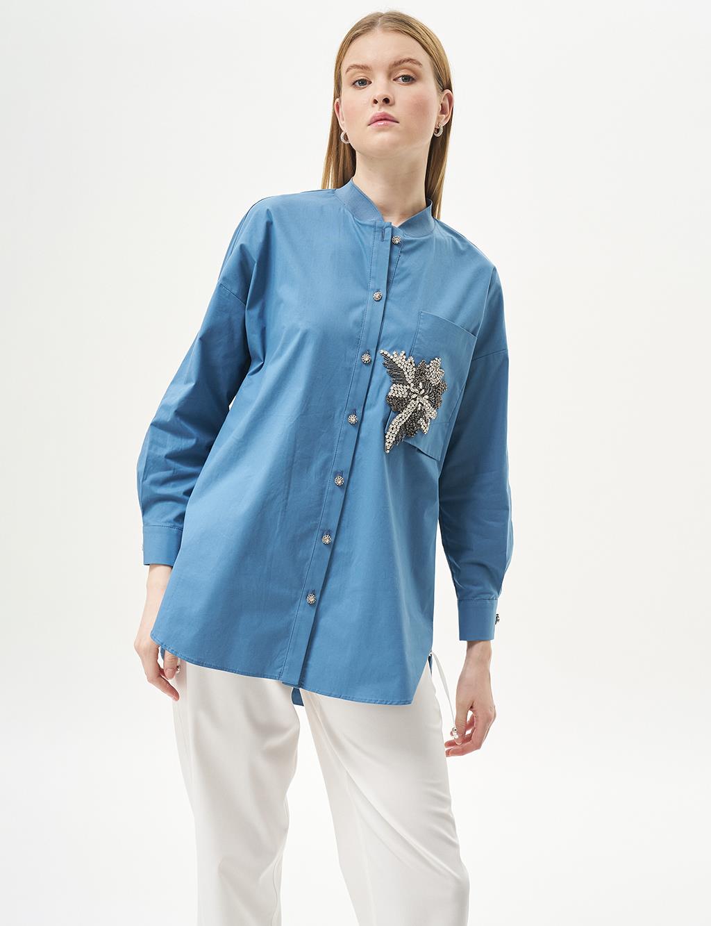 Stone-Embellished Poplin Tunic Crown Blue