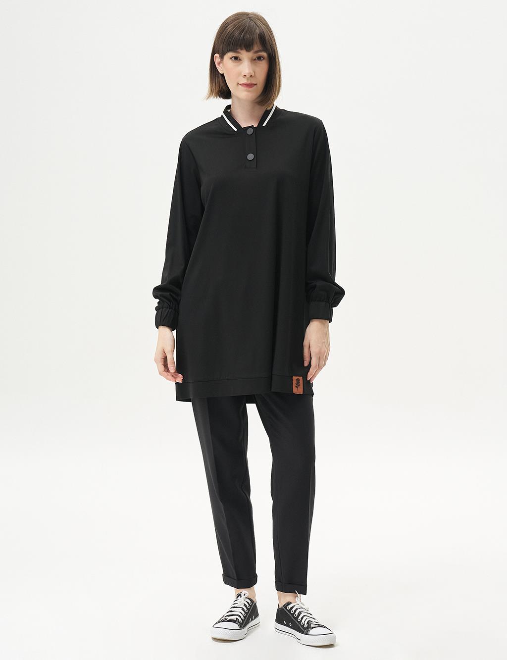 Ribbed Half Snap Rayon Tunic Black