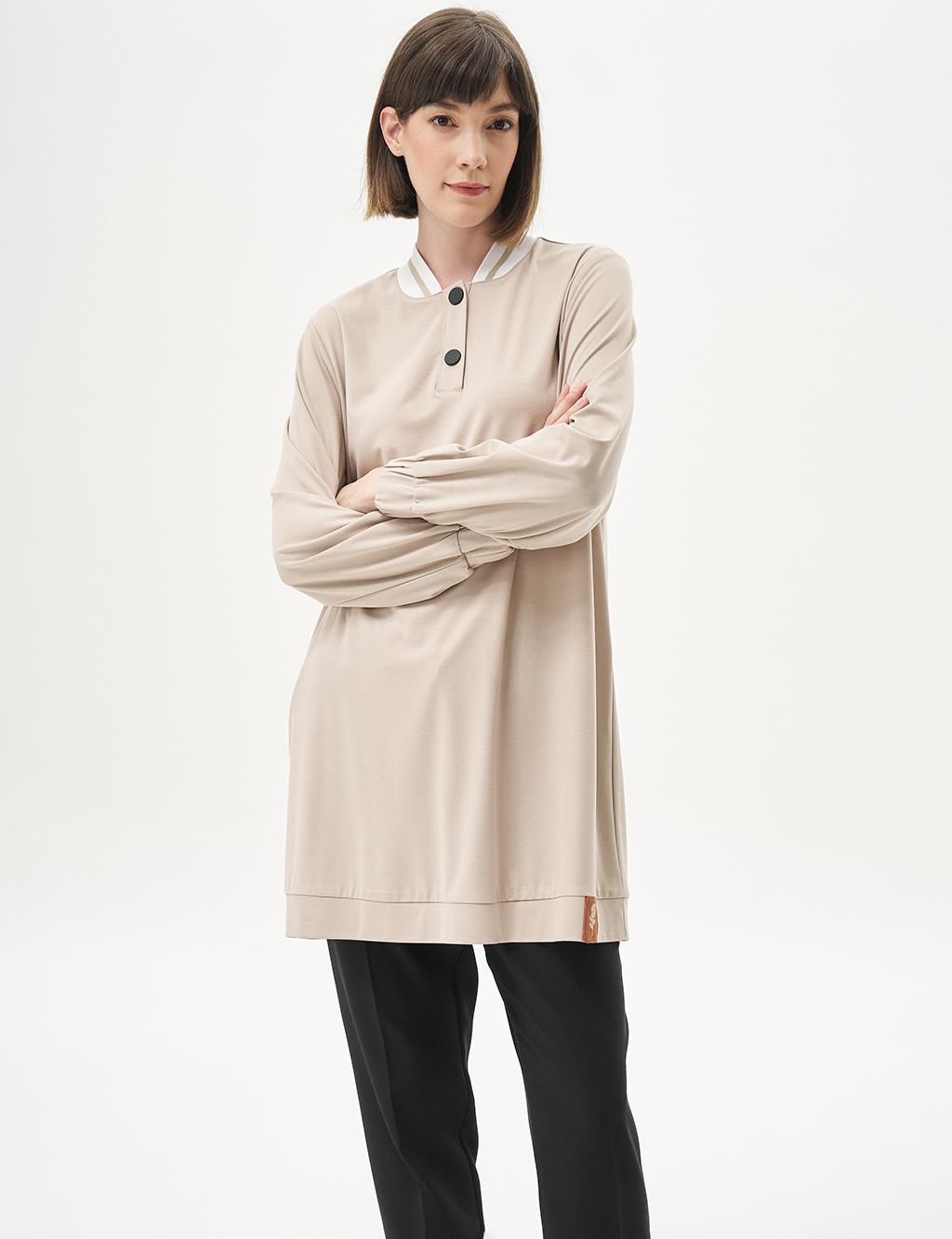 Ribbed Half Snap Rayon Tunic Stone