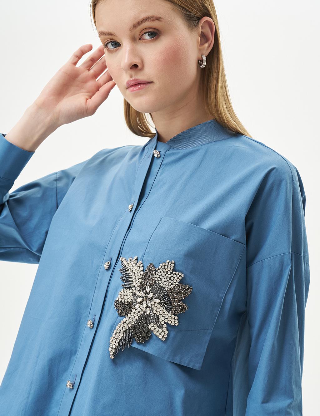 Stone-Embellished Poplin Tunic Crown Blue