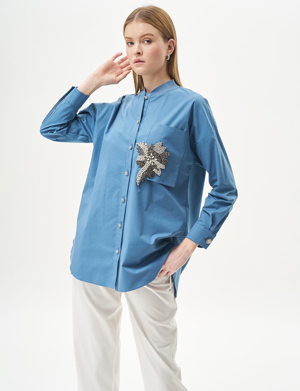 Stone-Embellished Poplin Tunic Crown Blue