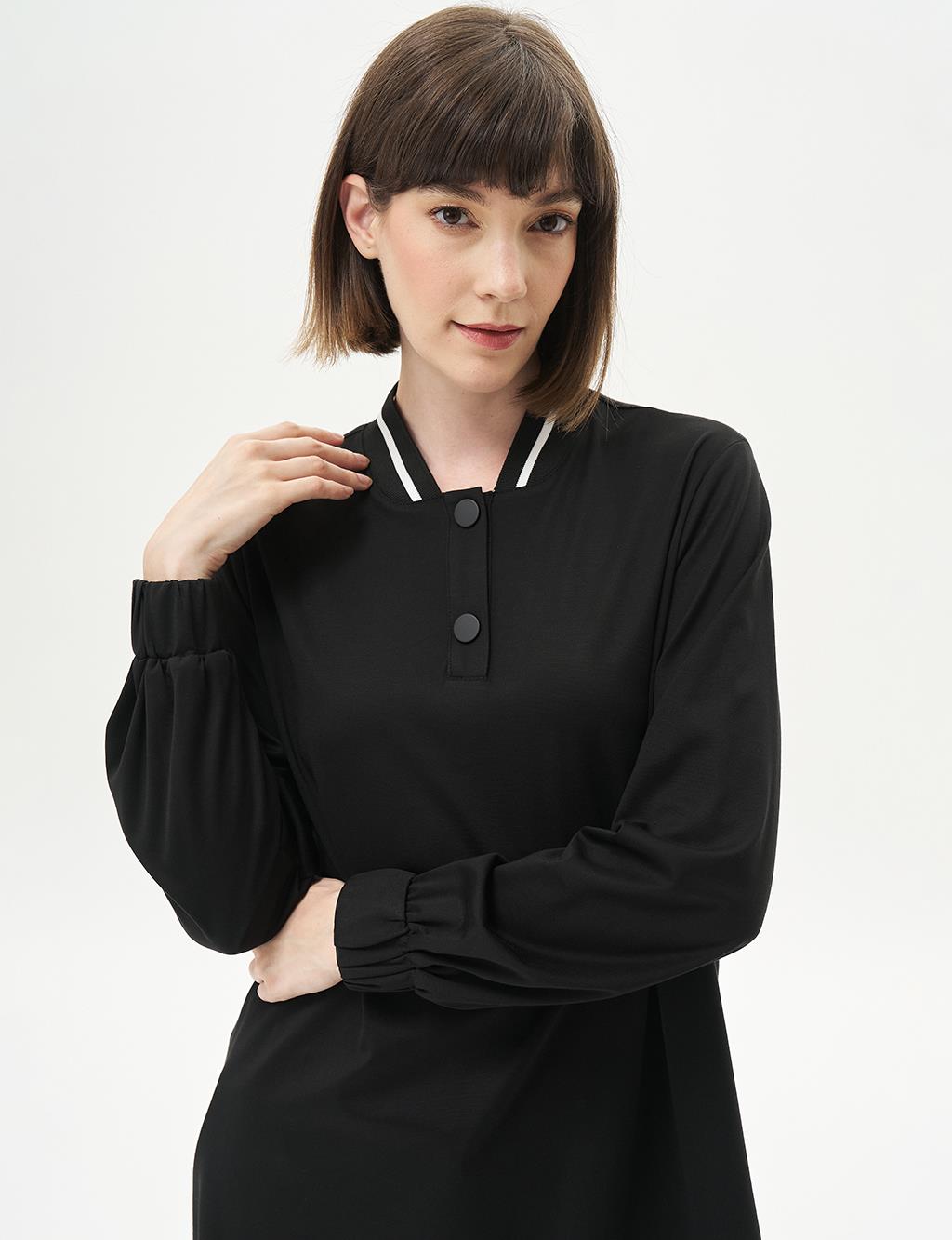 Ribbed Half Snap Rayon Tunic Black