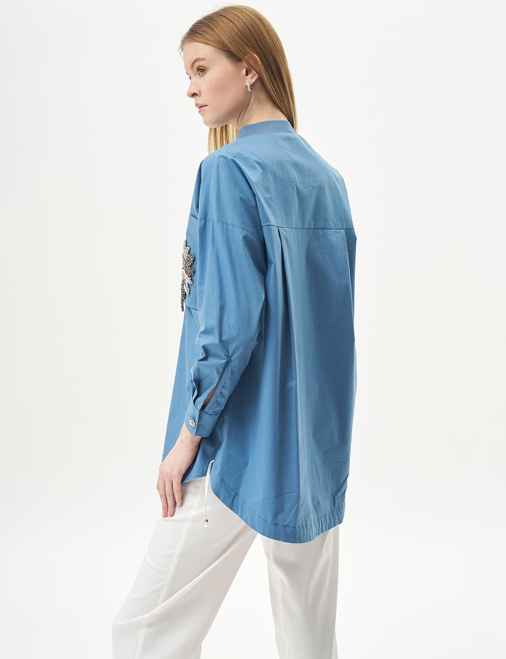 Stone-Embellished Poplin Tunic Crown Blue