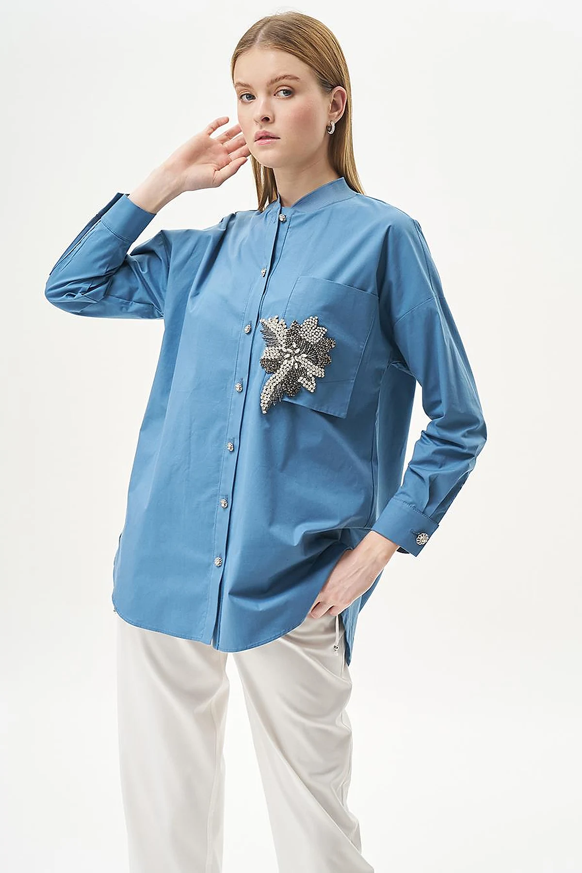 Taş İşlemeli Poplin Tunik Taç Mavisi
