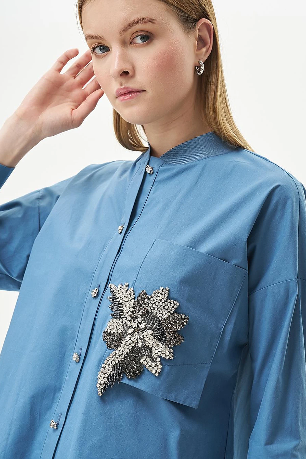 Taş İşlemeli Poplin Tunik Taç Mavisi