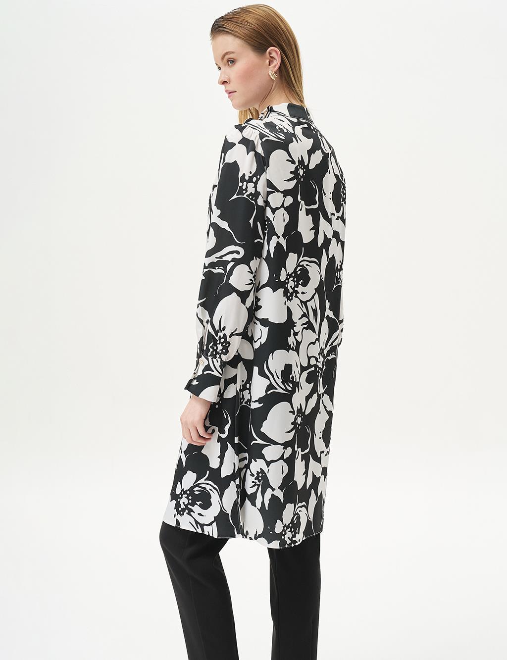 Floral Patterned Satin Blouse Black