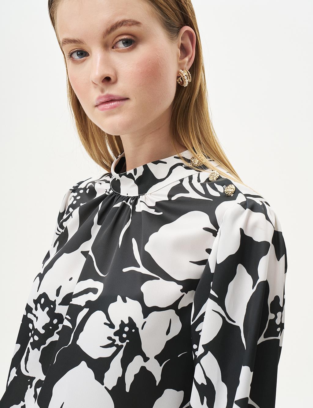 Floral Patterned Satin Blouse Black