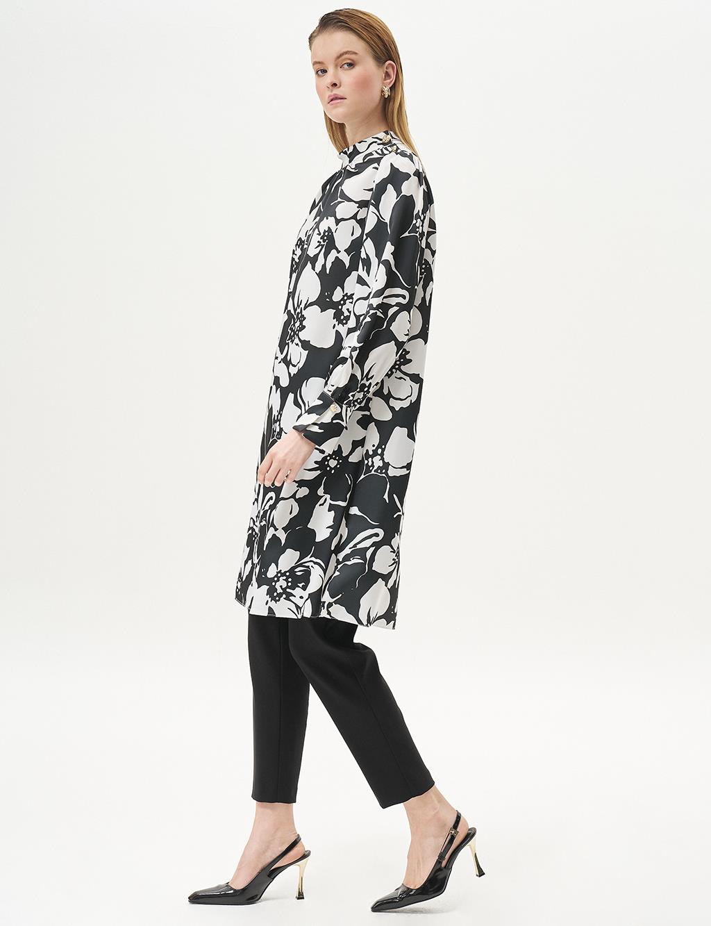 Floral Patterned Satin Blouse Black