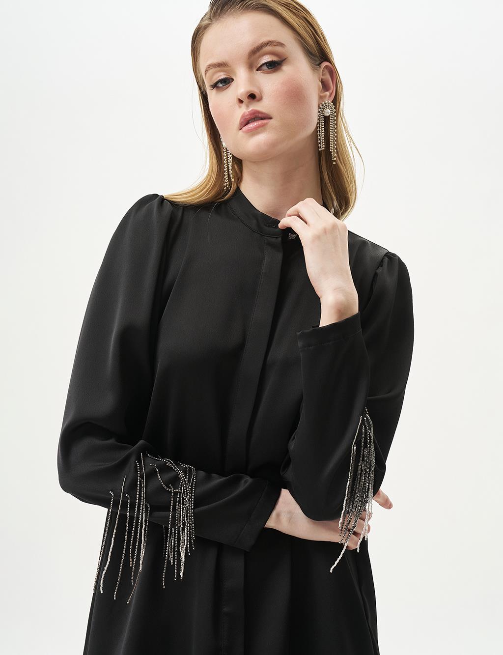 Satin Blouse with Dangling Chain Detail in Black