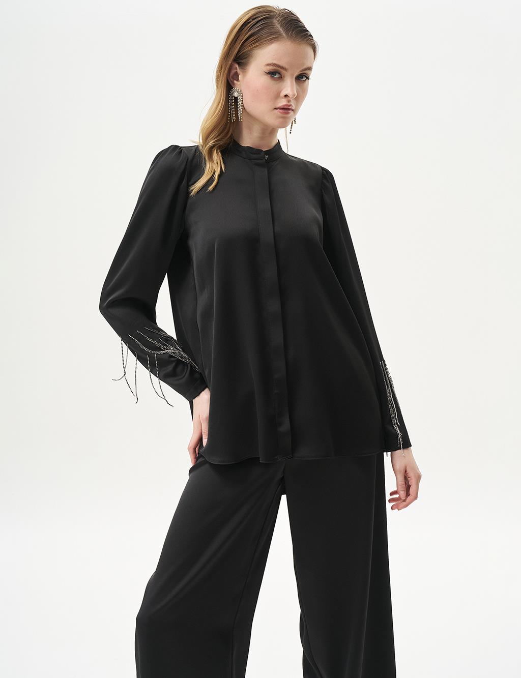 Satin Blouse with Dangling Chain Detail in Black