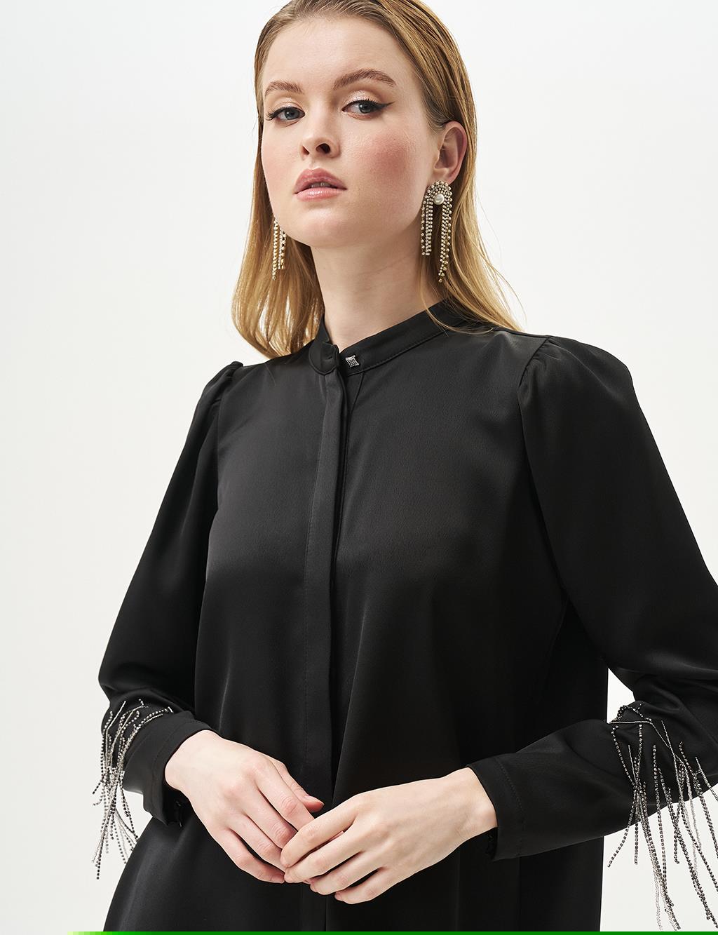 Satin Blouse with Dangling Chain Detail in Black