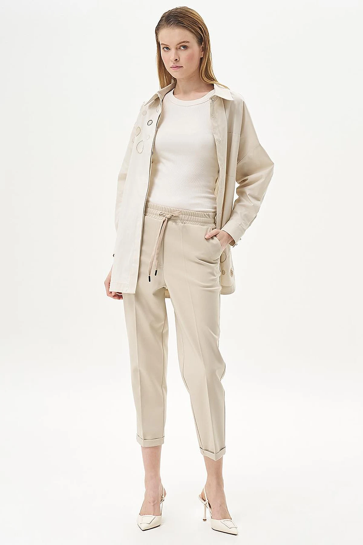 Elasticated Pipe-Leg Pants Stone