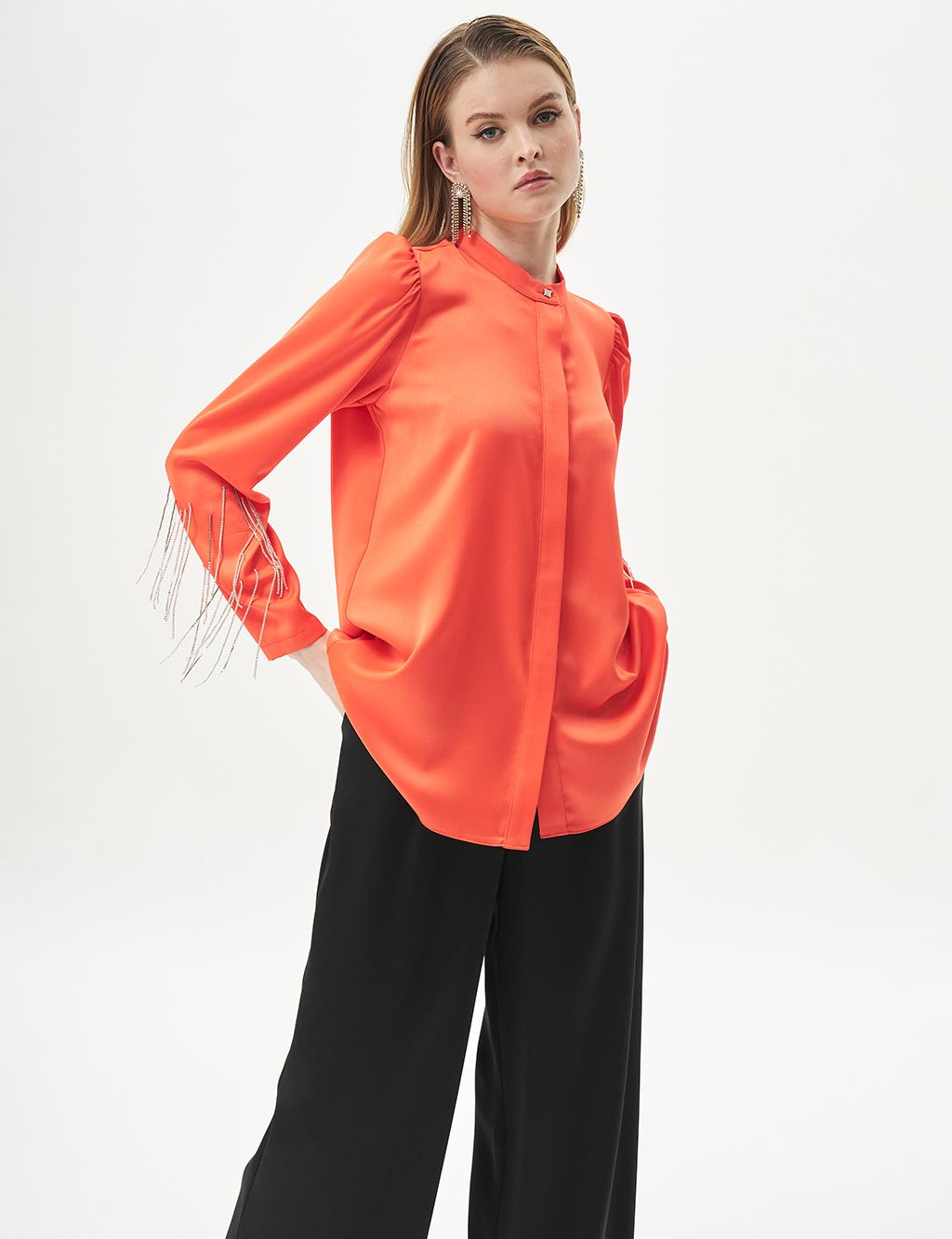 Satin Blouse with Dangling Chain Detail in Coral