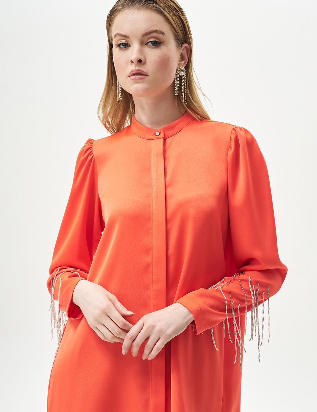 Satin Blouse with Dangling Chain Detail in Coral