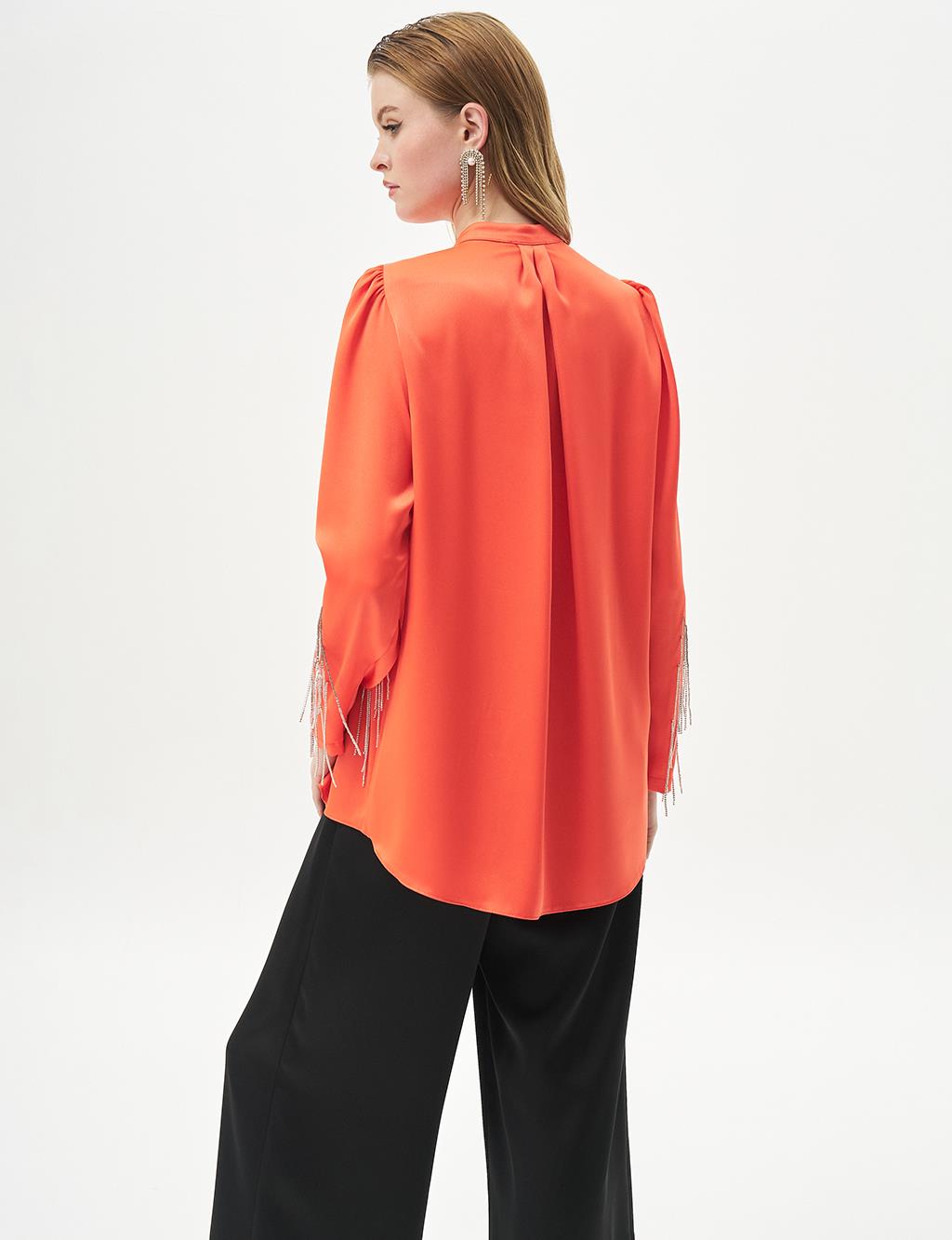 Satin Blouse with Dangling Chain Detail in Coral