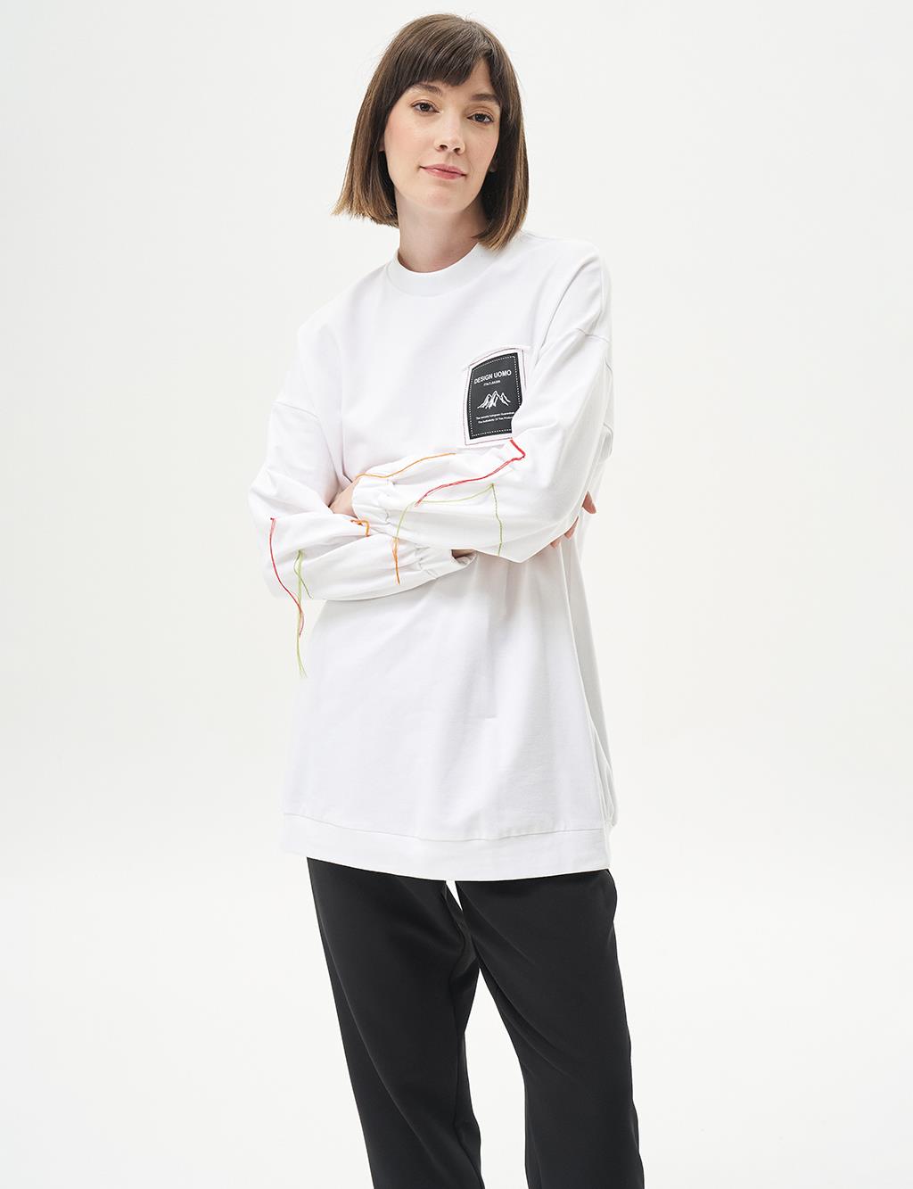 Ribbed Crew Neck Poplin Sweatshirt Optical White