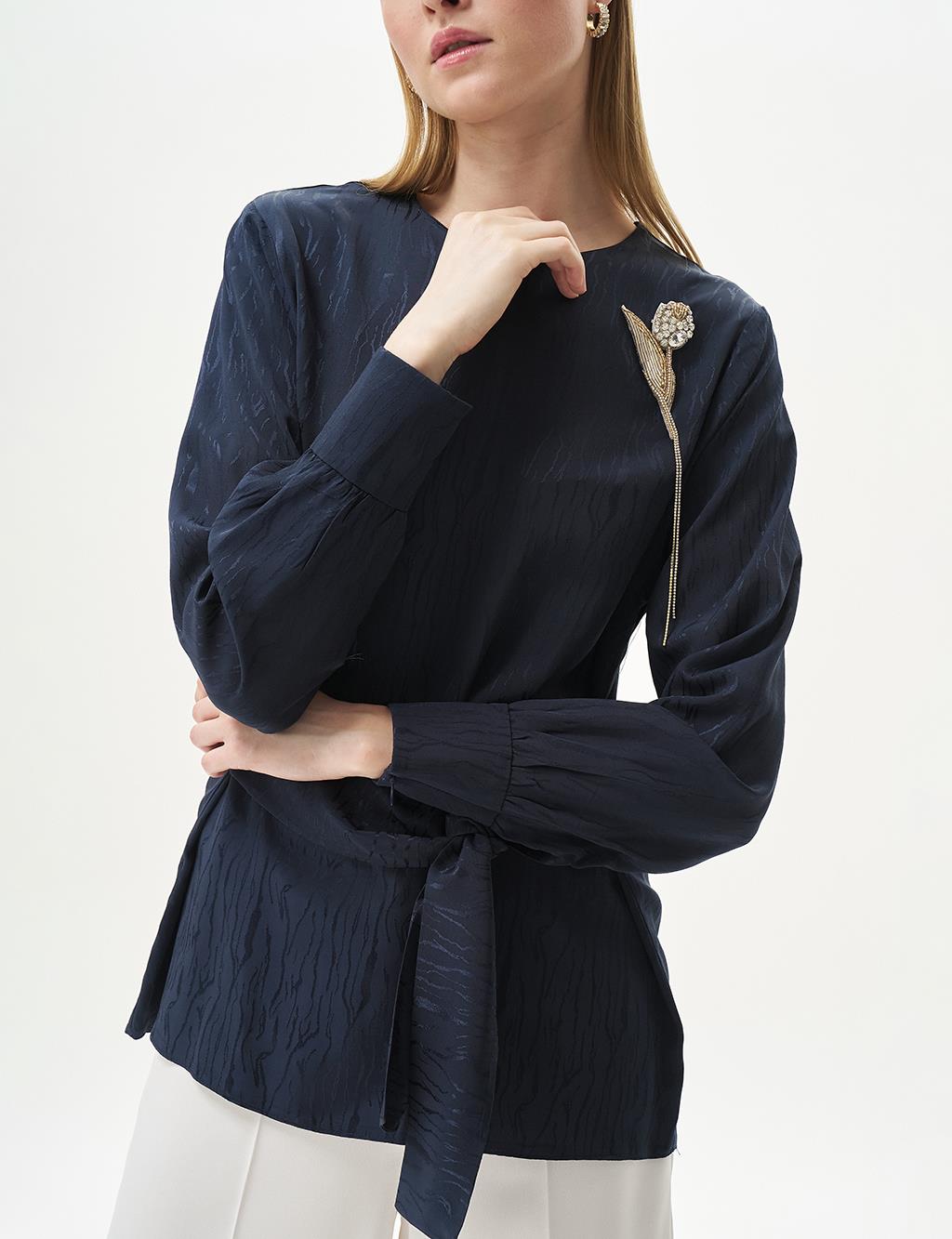 Waist Detailed Satin Blouse Dark Navy Blue