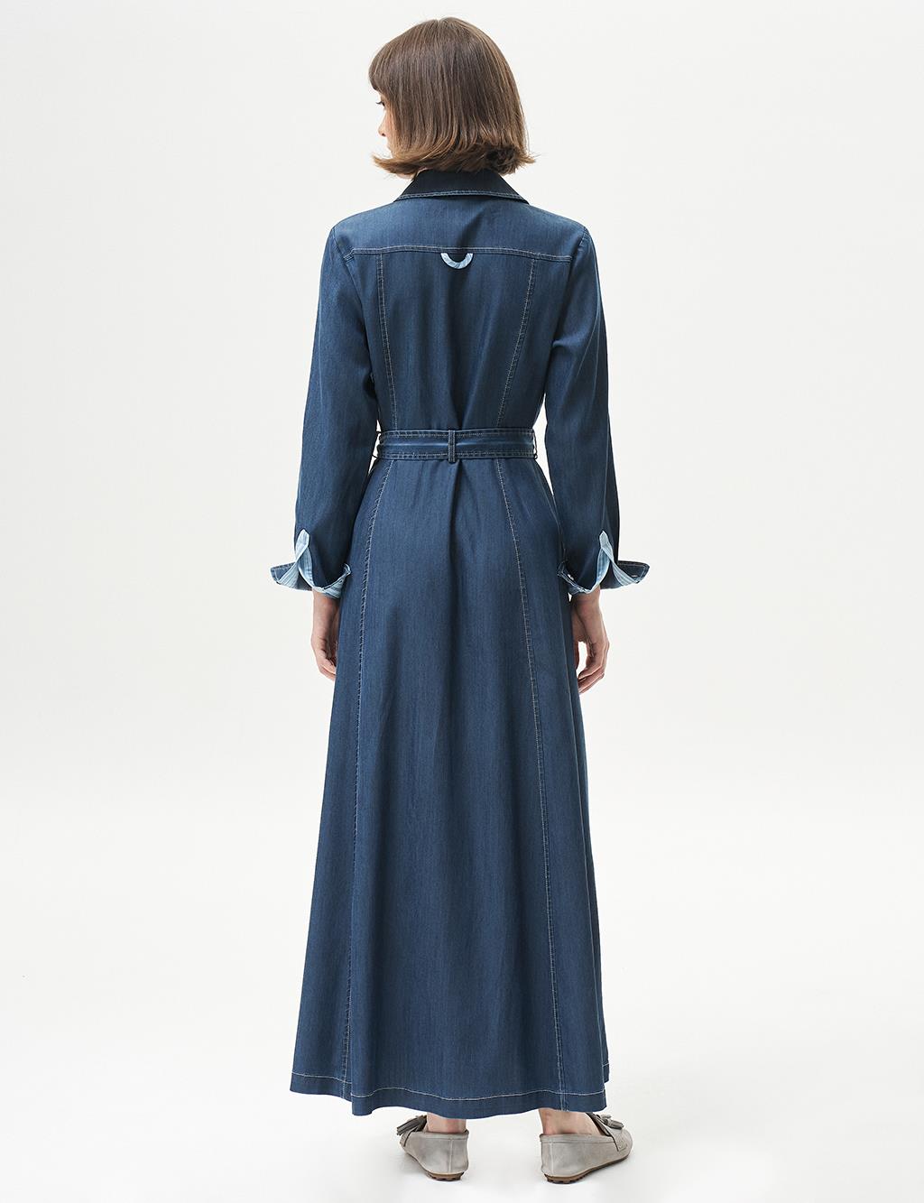 Half Pat Lyocell Dress Navy Blue