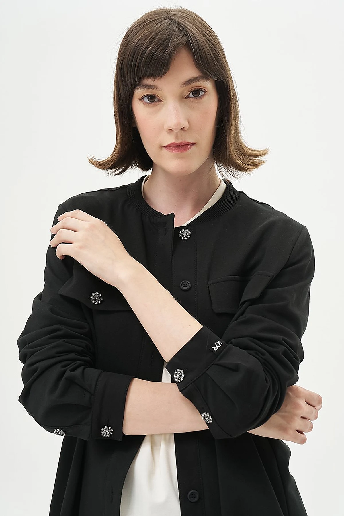 College Collar Flap Pocket Two-Thread Jacket in Black