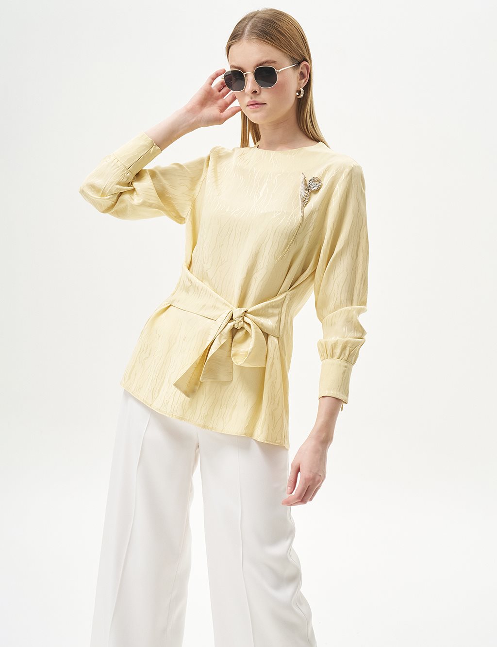 Waist Detailed Satin Blouse Light Yellow