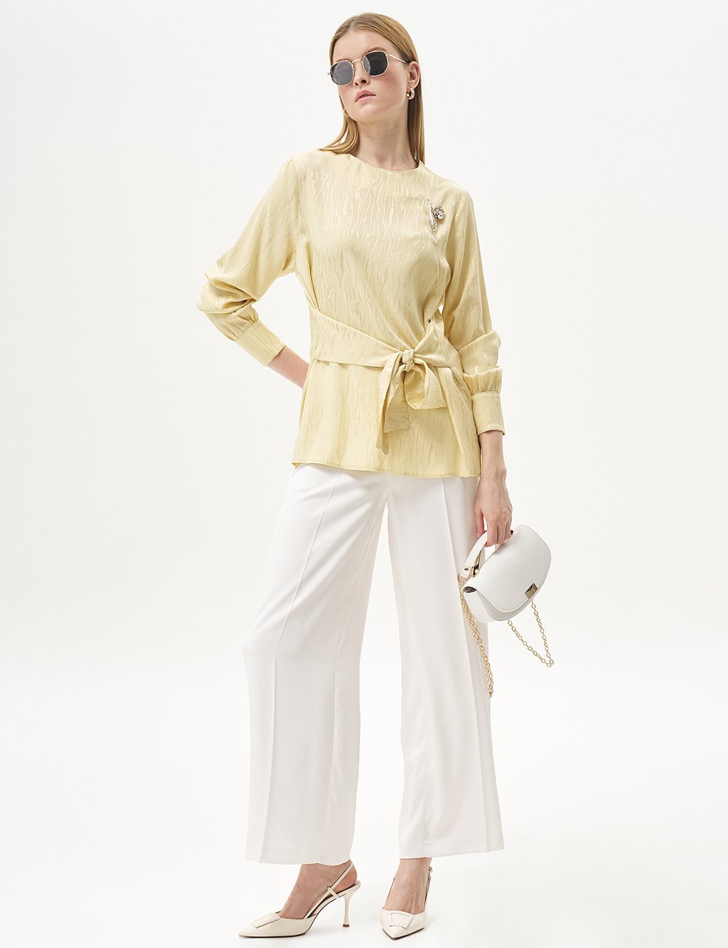 Waist Detailed Satin Blouse Light Yellow