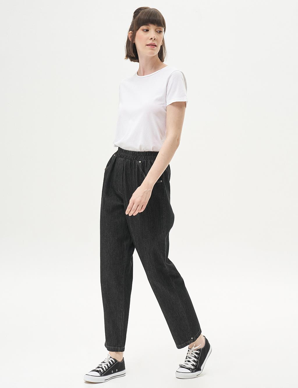 Elastic Waist Denim Pants Black