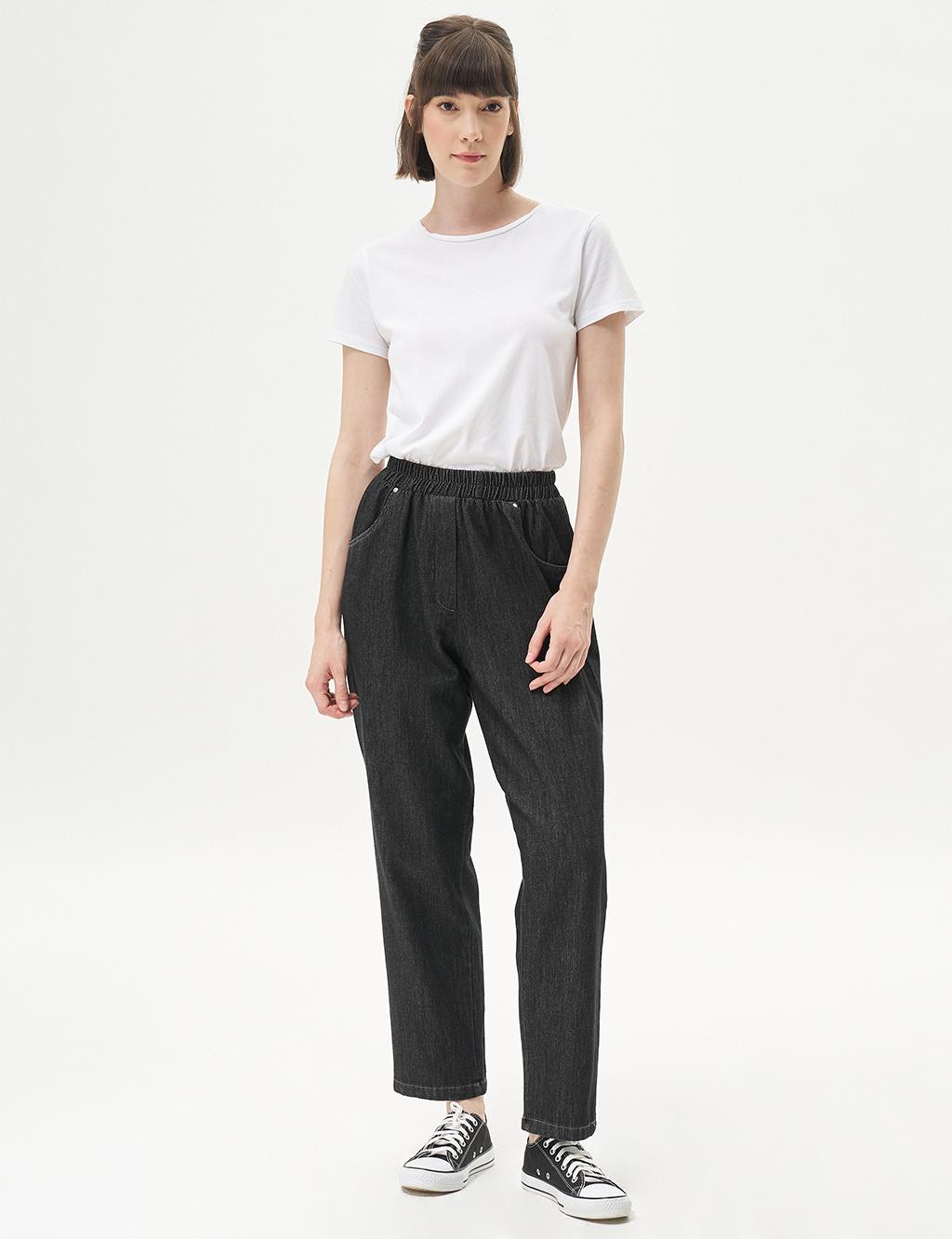 Elastic Waist Denim Pants Black