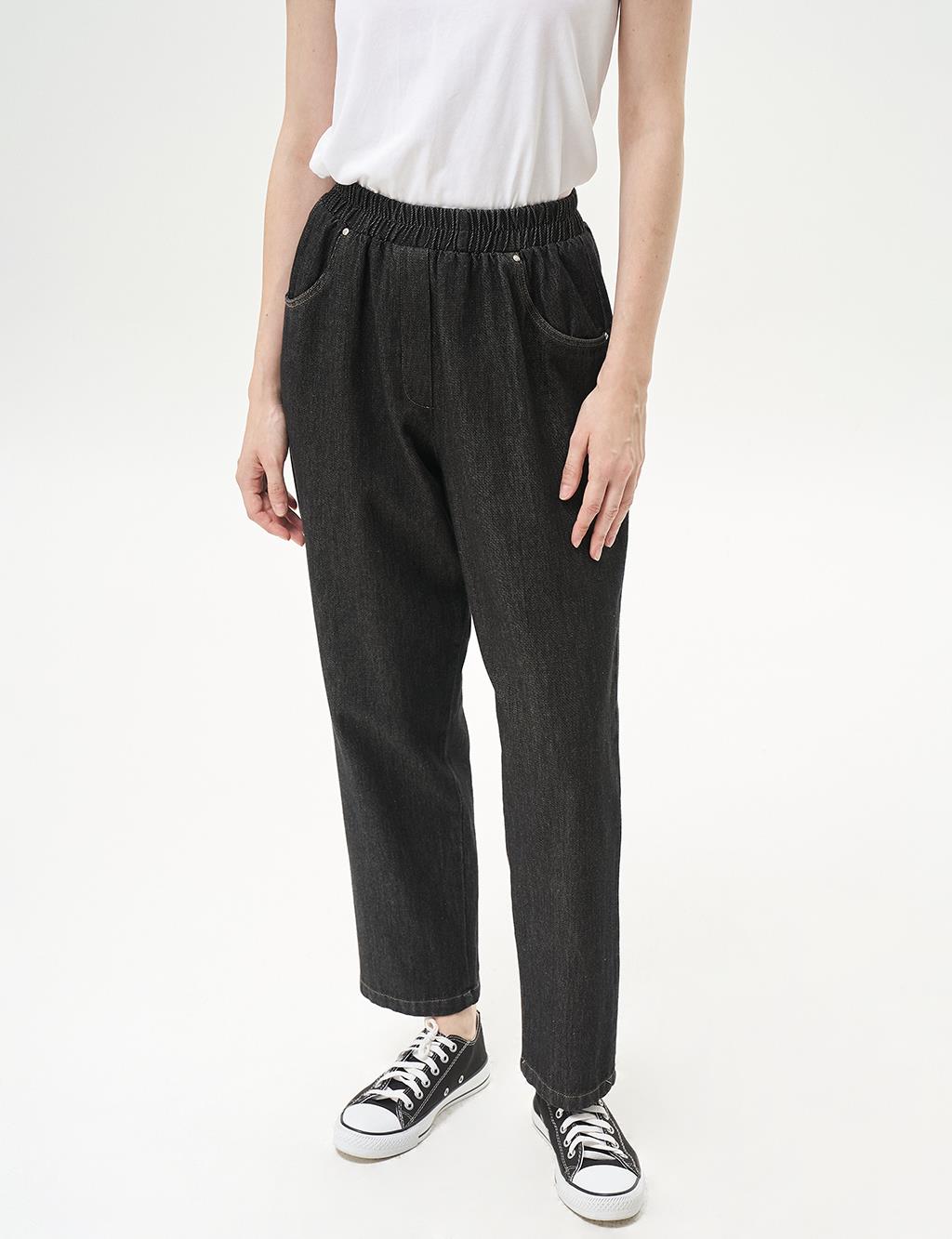 Elastic Waist Denim Pants Black