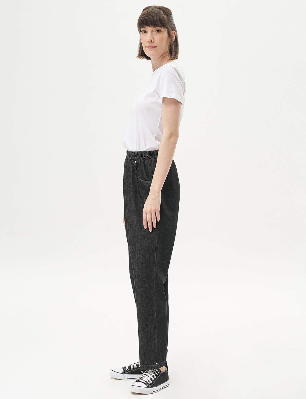 Elastic Waist Denim Pants Black