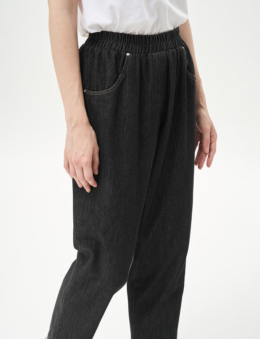 Elastic Waist Denim Pants Black