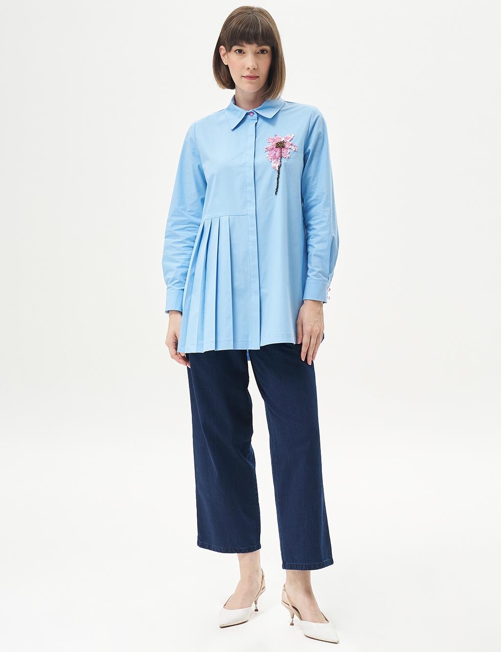 Floral Embroidered Pleated Poplin Tunic Powder Smoke