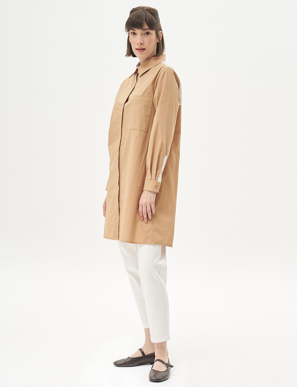 Poplin Tunic with Back Half-Button Closure Beige