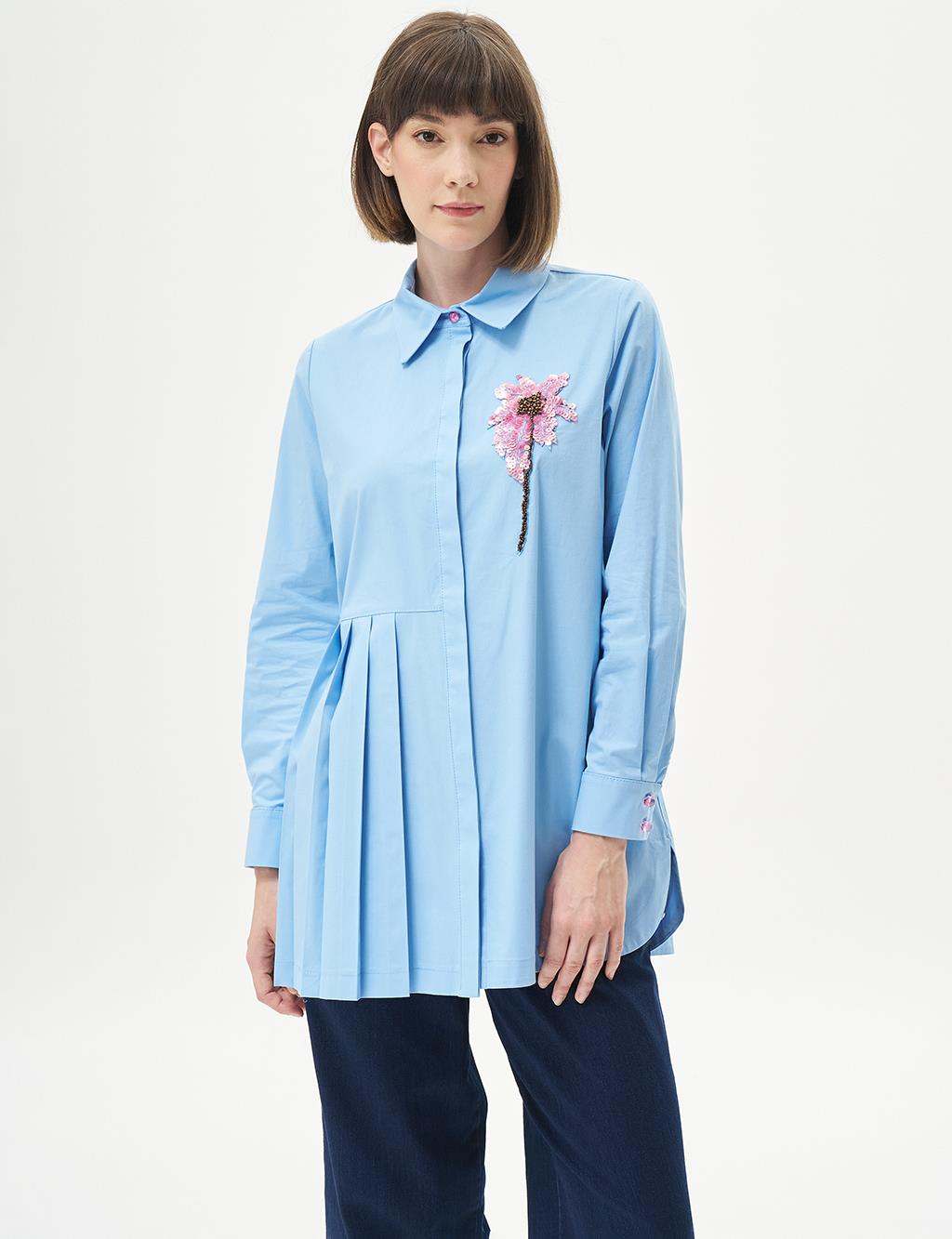 Floral Embroidered Pleated Poplin Tunic Powder Smoke