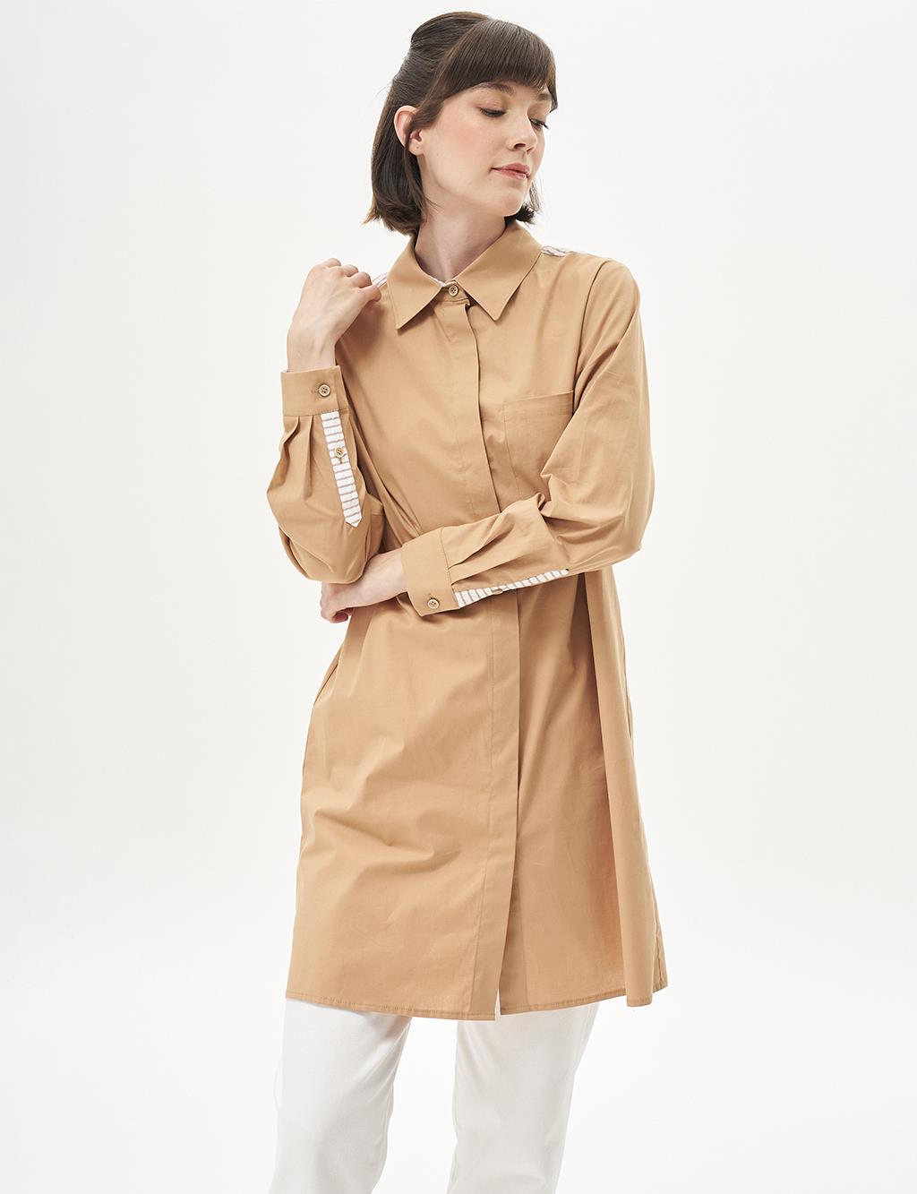 Poplin Tunic with Back Half-Button Closure Beige