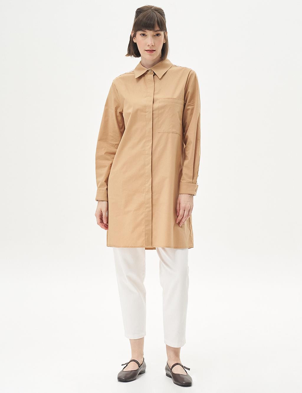 Poplin Tunic with Back Half-Button Closure Beige